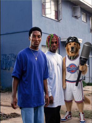 Deepfake of Scottie Pippen, Dennis Rodman, and an anthropomorphic dog in Bulls jersey