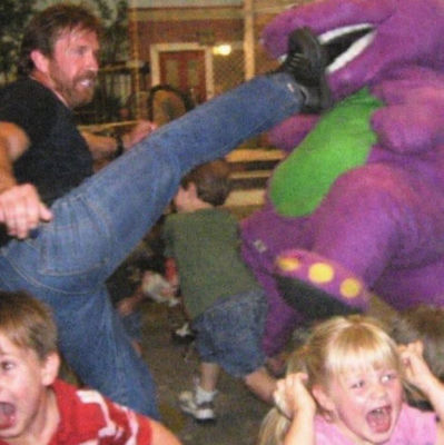 Deepfake photo of a man roundhouse-kicking Barney the Dinosaur mascot
