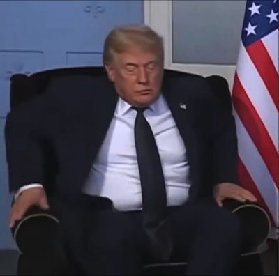AI-generated image of Donald Trump seated with eyes closed beside American flag