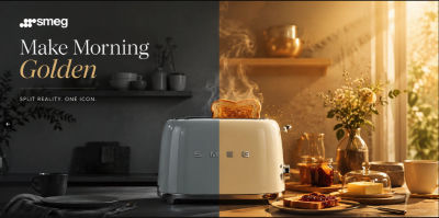 AI-generated Smeg toaster promotional image with 'Make Morning Golden' tagline