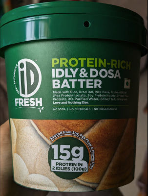 AI-generated image of iD Fresh Protein-Rich Idly & Dosa Batter packaging