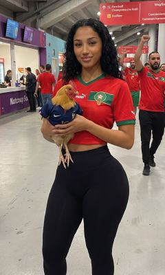AI-generated image of woman holding a rooster at football stadium