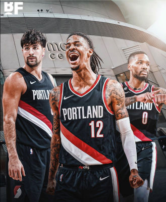 AI-generated image of Damian Lillard, Deni Avdija and Ja Morant in Portland Trail Blazers jerseys