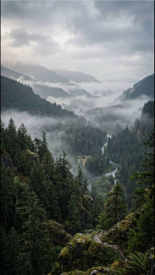 AI-generated misty mountain valley landscape with river and forest