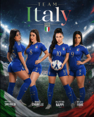 AI-generated image of Valentina Nappi, Marica Chanelle, Martina Smeraldi, and Megan Fiore as Team Italy