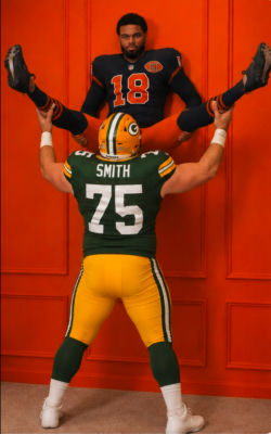 AI-generated image of Caleb Williams lifted by a Packers lineman
