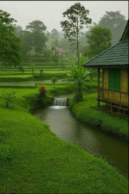 AI-generated tropical landscape with rice terraces and stilted bamboo hut