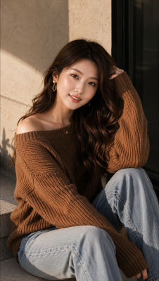 AI-generated image of a woman in a brown off-shoulder sweater