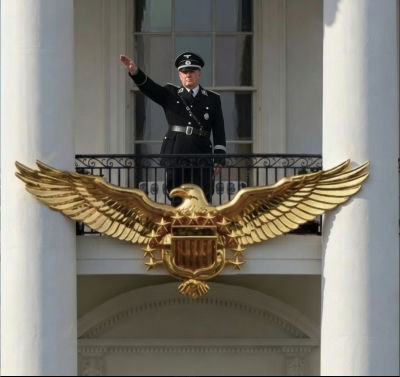 AI-generated image of Donald Trump in a Nazi-era uniform saluting from the White House balcony
