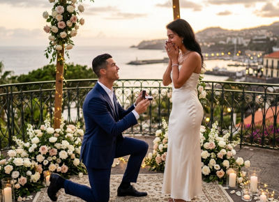 AI-generated image of Cristiano Ronaldo proposing to a woman on a coastal terrace