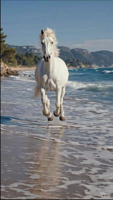 AI-generated white horse galloping on a beach