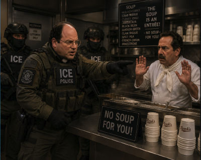 AI-generated image of Jason Alexander in 'No Soup For You' ICE parody scene