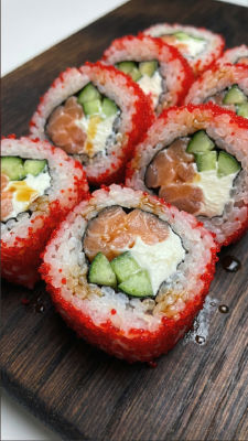 AI-generated image of sushi rolls topped with red tobiko
