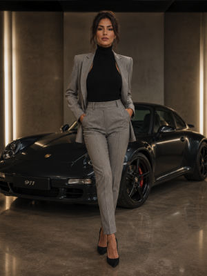 AI-generated image of a woman standing in front of a Porsche 911