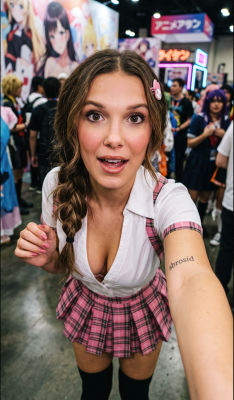 AI-generated image of Millie Bobby Brown at an anime convention