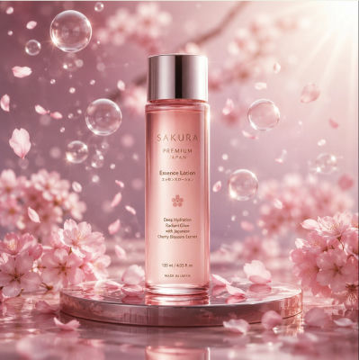 AI-generated Sakura Premium Japan essence lotion product image
