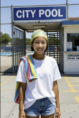 AI-generated image of a young woman at a city pool