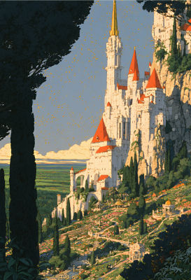 AI-generated fantasy castle illustration in anime style