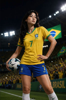 AI-generated image of a woman in a Brazil soccer kit holding a match ball