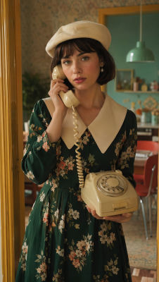 AI-generated image of a woman in a vintage floral dress holding a rotary telephone