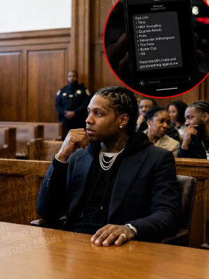 AI-generated image of Lil Durk in a courtroom with an alleged 'opp list' text message