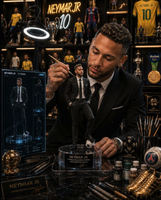 AI-generated image of Neymar Jr. hand-painting a Neymar collectible figurine