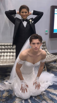Deepfake of Tom Holland in wedding dress and Zendaya in tuxedo