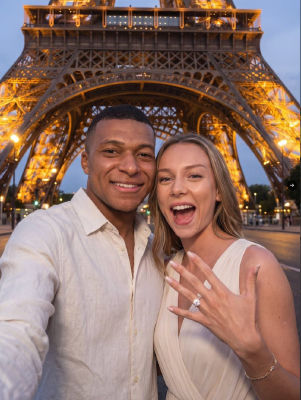 AI-generated image of Kylian Mbappé and Ester Expósito showing an engagement ring at the Eiffel Tower