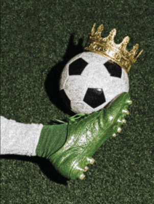 AI-generated image of a crowned soccer ball held by a cleated foot