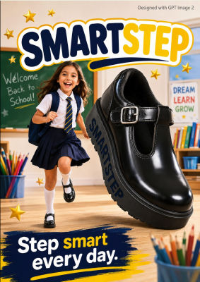 AI-generated 'SmartStep' school shoe advertisement featuring a young girl