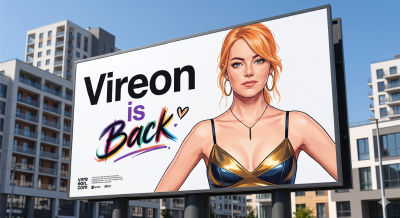 AI-generated billboard of a woman resembling Emma Stone promoting 'Vireon is Back'