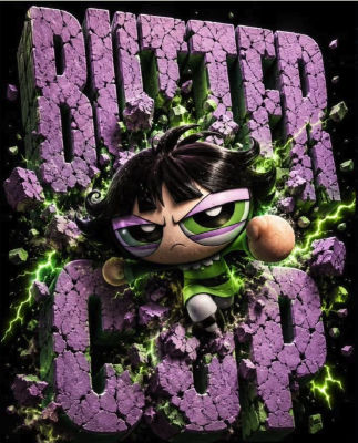 AI-generated Buttercup poster with cracked 3D text and green energy effects