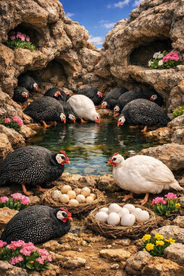 AI-generated image of guinea fowl gathered at a rocky water pool