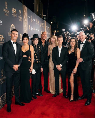 AI-generated image of Cristiano Ronaldo, Kylie Jenner, Michael Jackson, Dwayne Johnson, Taylor Swift, and Justin Bieber at the Hollywood Film Awards Gala