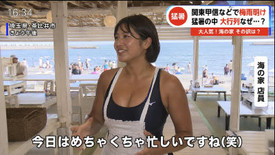 AI-generated image styled as a Japanese TV news segment featuring a beach house staff member