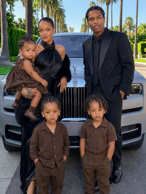 AI-generated Rihanna's family portrait posed in front of a Rolls-Royce