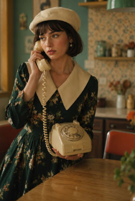 AI-generated image of a woman in a beret using a vintage rotary telephone