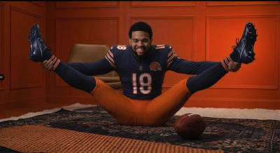 AI-generated image of Caleb Williams in Bears uniform performing a split pose