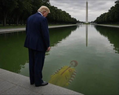 AI-generated image of Donald Trump looking at a Ronald McDonald figure in the Lincoln Memorial Reflecting Pool