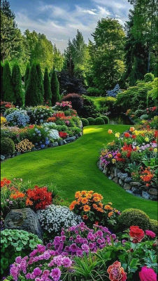 AI-generated image of a lush flower garden with a curving lawn