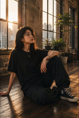 AI-generated image of a woman seated in an industrial loft