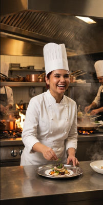 AI-generated image of an unidentified woman chef plating a dish in a professional kitchen