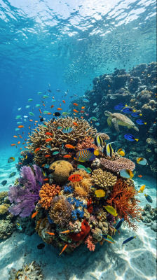 AI-generated image of a vibrant coral reef with tropical fish and a sea turtle