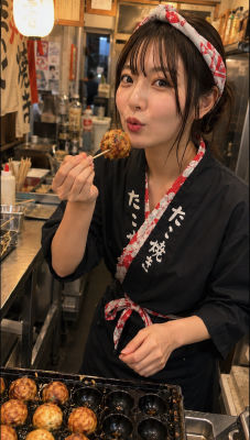 AI-generated image of Kana Hanazawa eating takoyaki at a stall