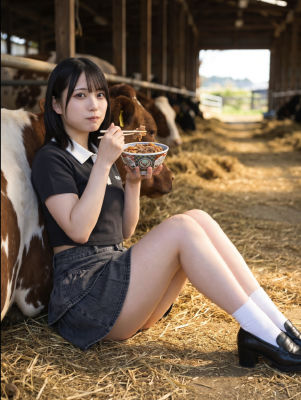 AI-generated image of Yui Yokoyama eating in a barn beside a cow