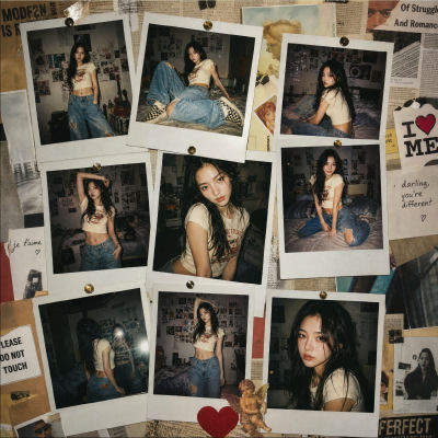 AI-generated polaroid collage of a young woman in a bedroom
