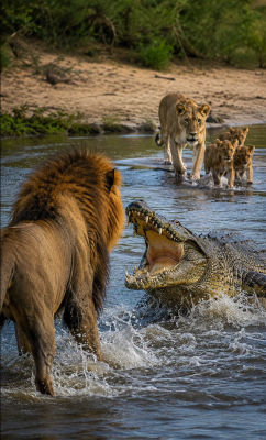 AI-generated image of a lion confronting a crocodile in a river