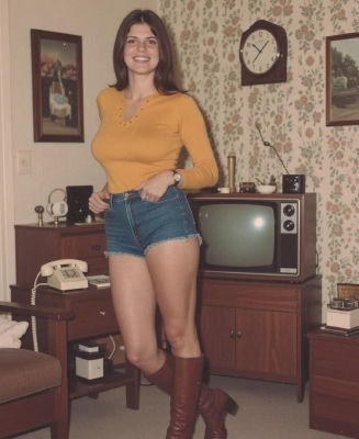 AI-generated retro interior portrait of a woman in 1970s attire