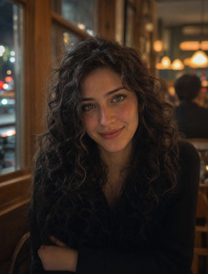 AI-generated portrait of an unidentified woman in a restaurant