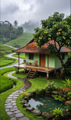 AI-generated tropical village scene with stilt house, koi pond, and rice terraces